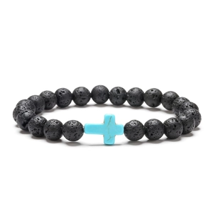 Lava stone bead bracelet featuring a blue turquoise cross accent for men and women