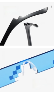 Detail of curved temples and soft nose pads on blue pixelated mosaic sunglasses