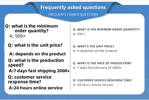 Großhandel kundenspezifische Bestellung FAQ-Leitfaden mit Mindestmenge und Produktionszeit.