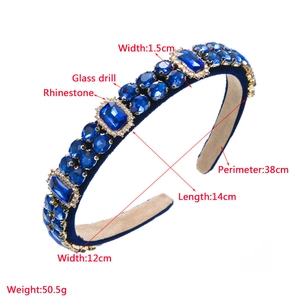Detail view of baroque blue velvet headband with dimensions and crystal rhinestone settings