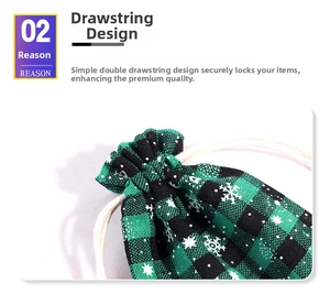 Detail of Christmas plaid drawstring bag with white snowflake print and dual-string closure