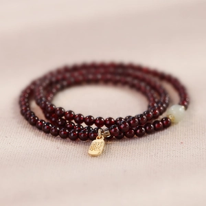 Natural red garnet and Hetian jade beaded wrap bracelet with golden Fu pendant charm