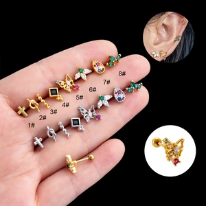 Stainless Steel Stud Earrings Colorful Zircon Butterfly Cross Double Ended Screw Ball Back Fashion Piercing Women