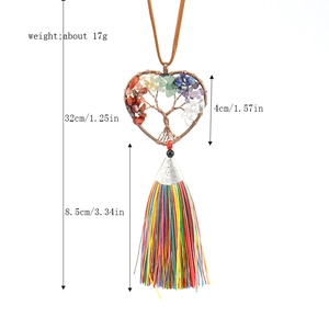 Size chart for heart-shaped tree of life car charm with chakra stones and fringe