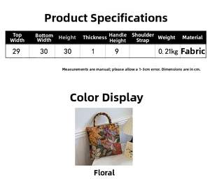 Detailed size chart and specifications for the linen floral tote bag for women
