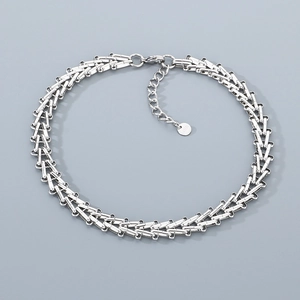 Detail of silver stainless steel geometric trapezoidal chain necklace with S-STEEL stamp