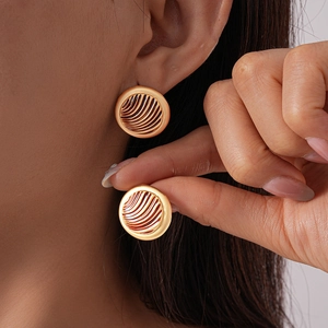 Vintage Round Stud Earrings Geometric Wavy Texture Copper Enamel With 925 Sterling Silver Earring Post For Women
