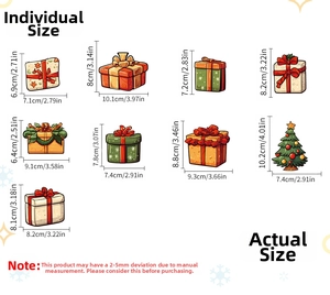 Detailed dimension guide for festive Christmas gift box stickers and holiday wall decals