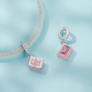 S925 sterling silver Mahjong charm with pink zircon and Fortune character for DIY bracelets