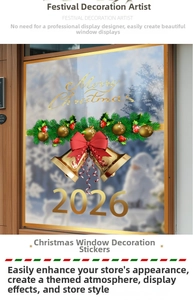 Close-up of Merry Christmas window decal with golden bells and red bow for holiday decor
