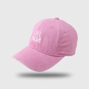 Pink cotton baseball cap with white CAT MOM embroidery and wide brim for women