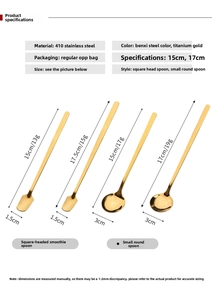 Size chart showing dimensions for stainless steel long handle spoons in various styles