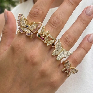 Butterfly Open Adjustable Ring Gold Plated Copper With Colorful Cubic Zirconia Micro Inlaid Elegant Jewelry For Women