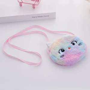 Rainbow gradient plush cat crossbody bag for kids with cute embroidered details