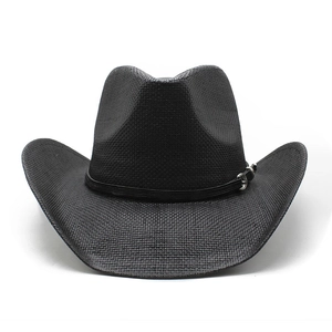 Classic black cowboy hat with wide curved brim and leather band with silver metal buckle