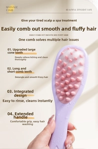 Detail of long handle dual-sided scalp massager brush with foam and tapered bristles