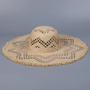 Women Wide Brim Raffia Straw Hat Hollow Out Handmade Sun Protection Beach Vacation Frayed Edge Breathable