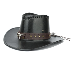 Western Cowboyhut aus schwarzem Kunstleder mit Bullenkopf-Niete und breiter Krempe