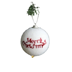 White flocked Christmas ball with red Merry Christmas text and elk motif decoration