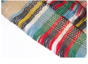 Detail of colorful striped woven fabric with fringe trim on kids poncho cape shawl