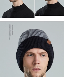 Close-up of winter knit beanie showing the premium texture and brown leather logo patch