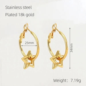 Polished 18k gold plated stainless steel star-shaped hoop earrings for women, 25mm size