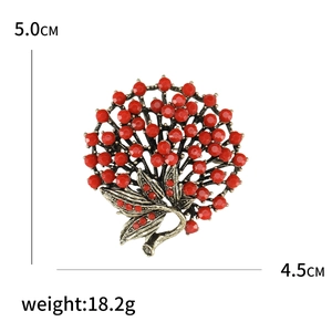Retro rhinestone flower brooch with red berries and metal leaves, 5.0cm x 4.5cm size