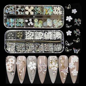 Mixed 3D nail art charms set with aurora butterflies, flowers, pearls and rhinestones