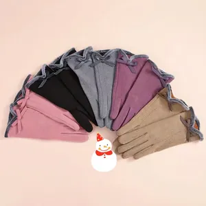 Bow-knot touch screen gloves for women in five colors with faux fur trim for winter warmth