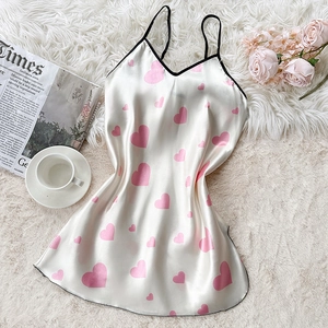 Elegant satin white slip nightdress featuring pink heart prints and delicate V-neckline