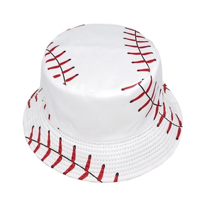 Trendy white bucket hat with red baseball stitching pattern for sun protection outdoors