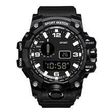 Close-up of a rugged black digital sports watch featuring dual analog and digital displays