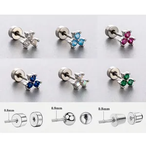 Titanium Steel Zircon Cartilage Earring Three Flower Cluster Flat Back Screw Helix Piercing Tiny Minimalist Jewelry