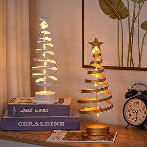 Spiral metal Christmas tree desk lamps with warm LED lights in gold and white finishes