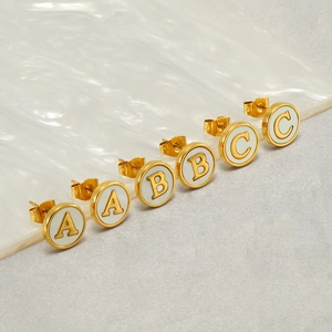 Round Initial Letter Stud Earrings 18K Gold Plated 304 Stainless Steel With Natural Shell Minimalist Fashion For Women
