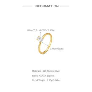 Detailed size chart of S925 sterling silver drop ring with 0.4cm x 0.6cm zircon stone
