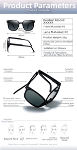 Especificaciones detalladas de gafas de sol plegables UV400 con montura ligera PC