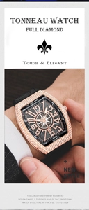 Detail of rose gold tonneau watch with full diamond setting and quartz movement
