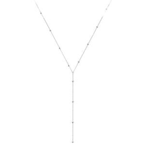 Minimalist Y-shaped geometric tassel necklace with silver beads and sleek metal chain