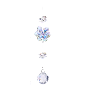 Macro view of crystal suncatcher featuring flower shape and faceted glass pendant