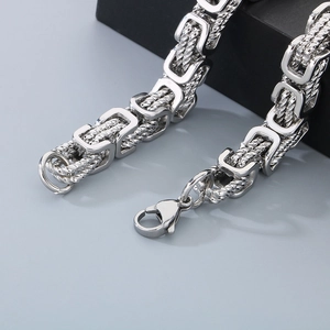 Men's silver stainless steel Byzantine chain necklace with vintage square weave pattern