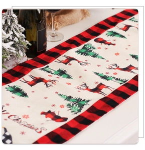 Linen Christmas table runner with red plaid trim and Merry Christmas deer prints