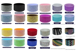 Close-up of 24 assorted rhinestone silicone cup boots in zebra and rainbow patterns