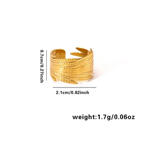 Golden feather texture open ring in titanium steel with delicate engraved patterns