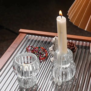 Modern ribbed clear glass candle holder for romantic dinners and home decor tabletop setting