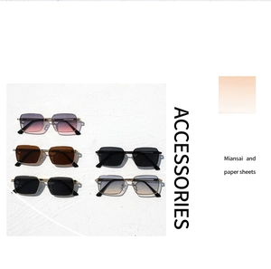 Detailed flat lay of fashion square metal sunglasses in multiple lens color gradients