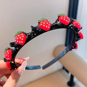 Black headband with cute red 3D strawberries and integrated small hair clips for girls