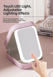 Detail of pink portable makeup case featuring built-in LED touch mirror and dimmable lighting