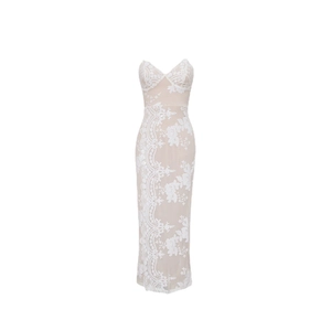 Elegant white sequin lace evening gown with a high slit and cross-back slim fit design