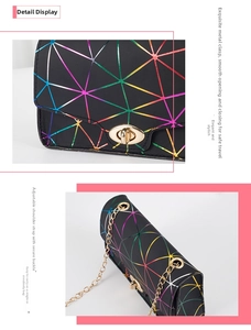Detailed view of adjustable metal chain strap and golden twist lock on geometric bag